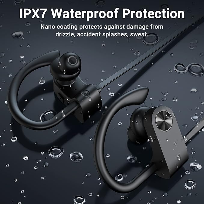 Bluetooth Headphones, Bluetooth 5.3 IPX7 Waterproof Wireless Sports Earbuds for Workout Gym, 16 Hrs Playtime Running Headphones with Noise Cancelling Mic, HiFi Bass Stereo in-Ear Earphones