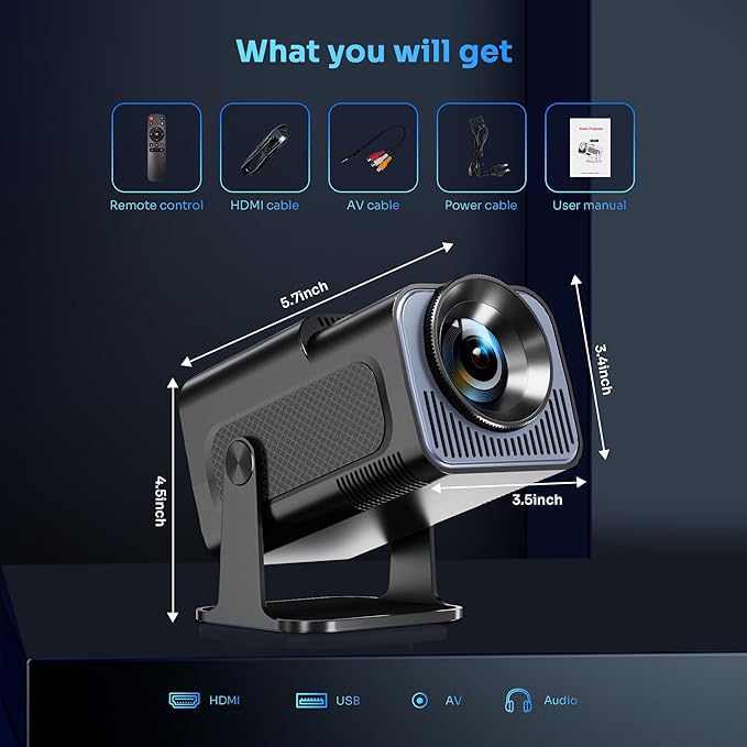 【180°-Rotation Adjustable Stand】HIPPUS Smart Mini Projector with WiFi and Bluetooth,1080P Portable 4k Outdoor Portable Projector,300ASIN LM,Support 2.4G/5G Wi-Fi6, BT5.2 With Android 11,Black.