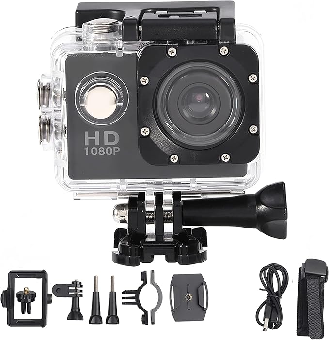 Action Camera Kit 1080P 12MP 30m Outdoor Sports Video Camera USB 2.0 Underwater Cam Full LCD Mini Camcorder with 900mAh Rechargeable Batteries and Mounting Accessories Kits(Black)