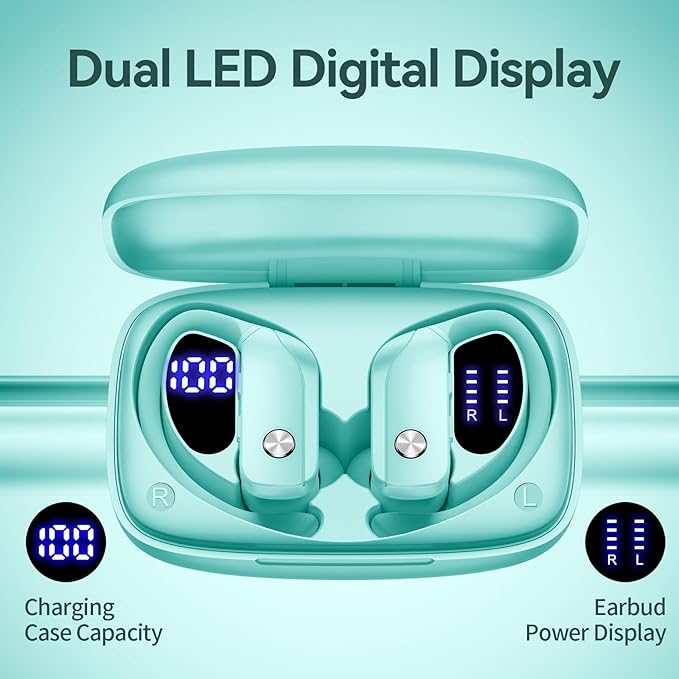 bmani Ear Buds Wireless Earbuds Bluetooth Headphones with 80H Playtime LED Display Case, Over-Ear Hook with Mic, Stereo Sound, Easy Button Controls, Sports Earphones for Running Workout Gym Mint Green
