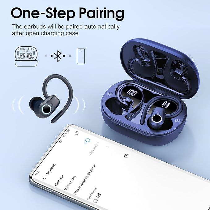 Wireless Earbuds,50H Stereo Ear Buds Dual LED Display, Bluetooth 5.3 Headphones Sport, 2025 Bluetooth Earbuds with 4 ENC Noise Canceling Mic, IP7 Waterproof Earphones with Earhooks for Running, Navy