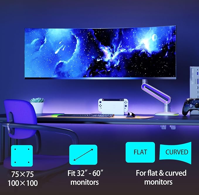 Designer Gaming Monitor Arm for 32 to 60 Inches Screen, Load up to 20 kg, VESA 75/100, RGB-Light, Heavy Duty, Multi Angle Adjustable, Premium Aluminum, Long Arm Extension Purple Blue