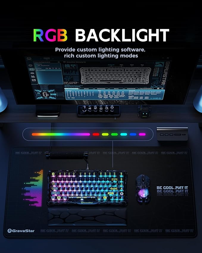 GravaStar Mercury K1 Lite 75% Gaming Keyboard, 2.4GHz/BT/Wired Tri-Mode Wireless Keyboard, Gasket Hot Swappable Mechanical Keyboard, Pre-lubed Linear Switches, RGB Backlit (Transparent Black)