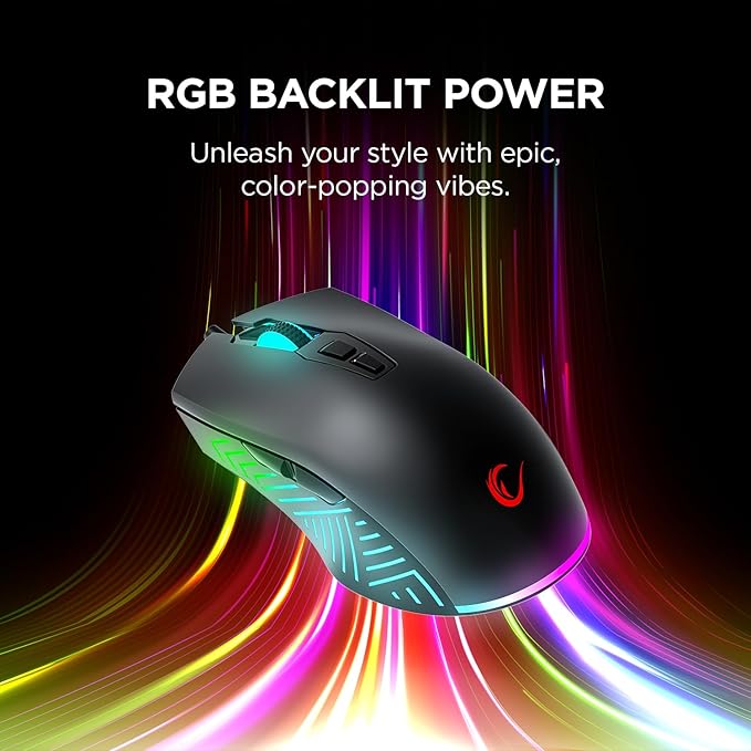 Rampage Spear V2 Black Wired Gaming Mouse with RGB Lighting – 12800 DPI, 7 Programmable Buttons, Lightweight Ergonomic Gaming Mouse for PC/Mac/Laptop Gamers