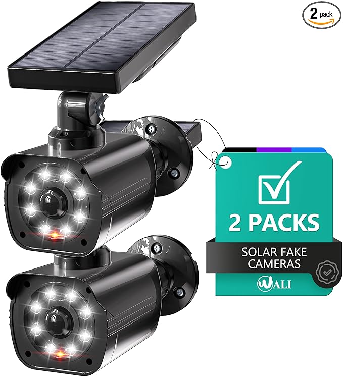 WALI Dummy Fake Camera, Security Camera with Motion Sensor Light, Simulated Surveillance Security CCTV Dome Camera Indoor Outdoor (TCB2-SOL), 2 Packs, Black-Solar