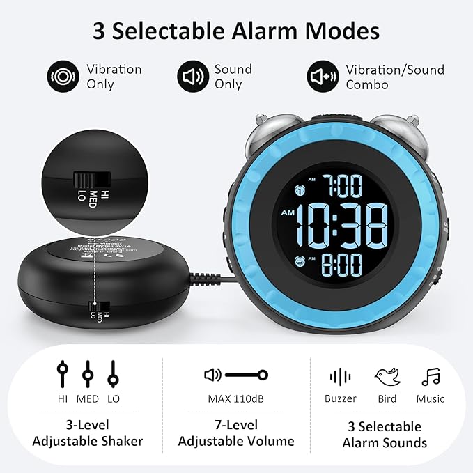 uscce Loud Dual Alarm Clock with Bed Shaker - 0-100% Dimmer, Vibrating Alarm Clock for Heavy Sleepers or Hearing Impaired, Easy to Set, USB Charging Port, Snooze, Battery Backup (Blue)