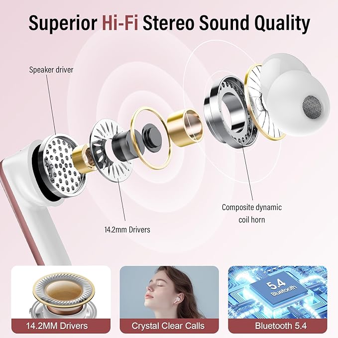 Wireless Earbuds, Bluetooth 5.4 Ear Buds with Multifunctional Touch Screen, 48H Bass Stereo Headphones with ANC/ENC Noise Cancelling/Transparency Mode, IPX7 Earphones with 5 EQ Modes, Rose
