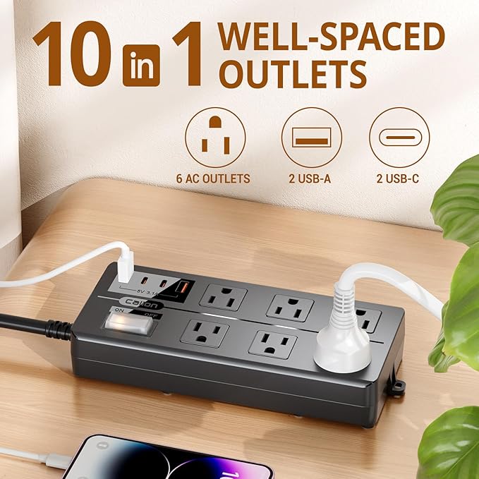 VNJ Outdoor Power Strip with 6AC Outlets + 4USB Ports, IPX6 Waterproof Surge Protector, Safety Lock Design and ETL-Certified Cables, 15FT Extension Cord for Home, Garden, and Commercial Use