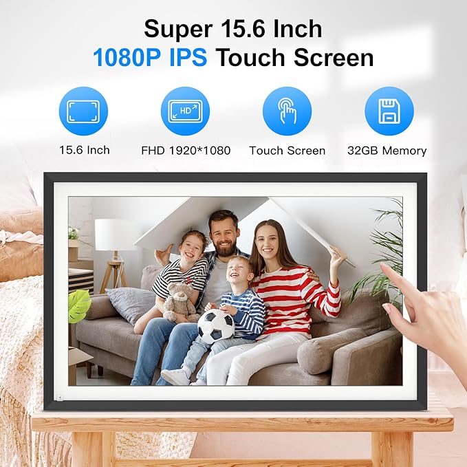 Large Digital Picture Frame 15.6-Inch-WiFi-Photo-Frame - 1920*1080 FHD Touch Screen Digital Frame, 32GB, Tabletop&Wall Mounted, Auto Rotate, Sharing Photos and Videos via App Email, Gifts for Mom Dad