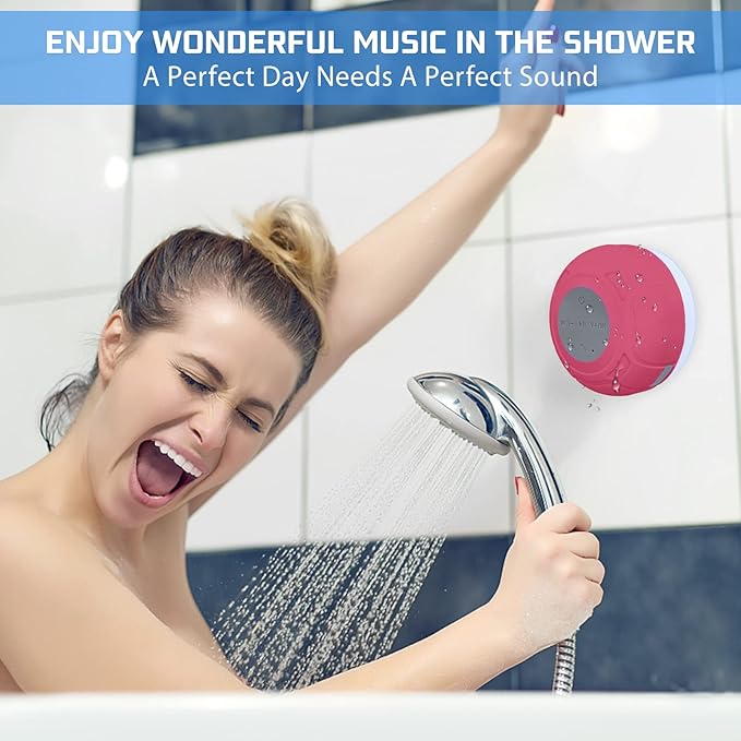 Waterproof Bluetooth Shower Speaker Portable Wireless Water-Resistant Speaker Suction Cup,Built-in Mic Gifts for Kids Speakerphone for iPhone Phone Tablet Bathroom Kitchen - Pink