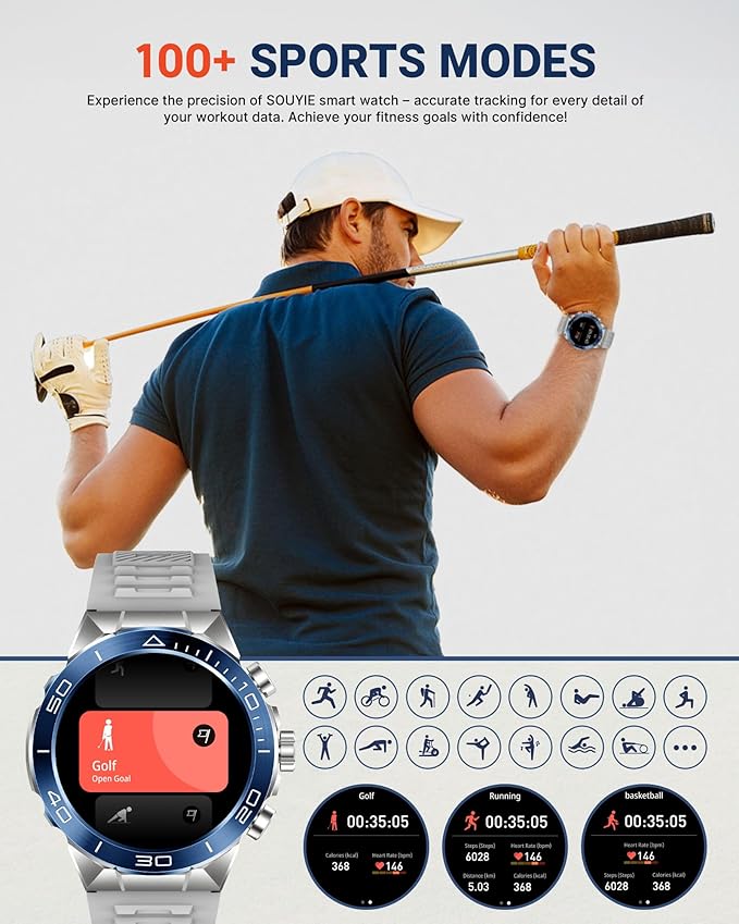 SOUYIE Smart Watch for Men,1.43''AMOLED Screen with 24 Hours Healthy Monitor, 100+ Sports Modes Fitness Tracker Watch, 400mAh Battery Pedometer Calorie Smartwatch Compatible Android iOS
