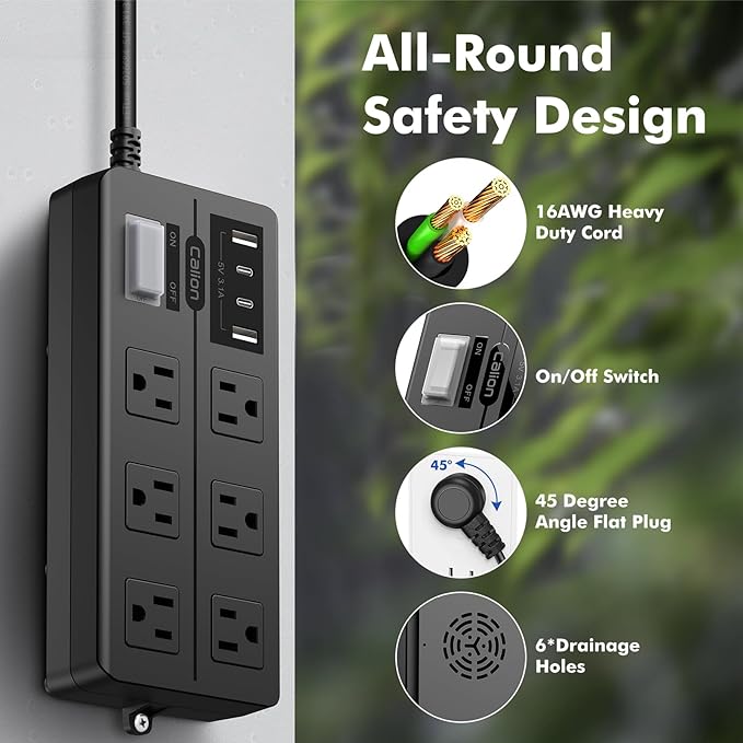 VNJ Outdoor Power Strip with 6AC Outlets + 4USB Ports, IPX6 Waterproof Surge Protector, Safety Lock Design and ETL-Certified Cables, 15FT Extension Cord for Home, Garden, and Commercial Use