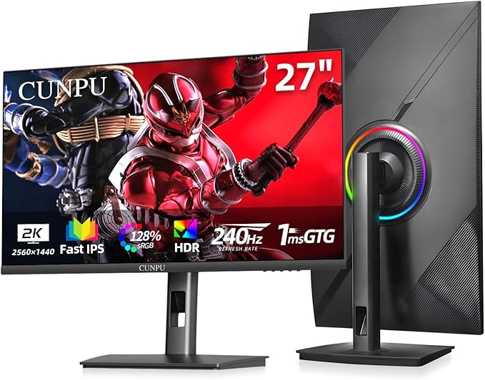 27 Inch 1440P QHD 240Hz Gaming Monitor, Fast IPS, 1ms 2K Gamer Monitor with HDR, 128% sRGB, FreeSync & G-Sync, Height/Pivot/Tilt/Swivel Vertical Monitor, Built-in Dual Speaker, HDMI/DP