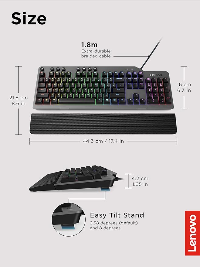 Lenovo GY40T26478 Legion K500 RGB Mechanical Gaming Keyboard, 3 ZONE Full-size Keyboard, 7 user Programmable Hot Keys; 16.8 Million Colors, 50 Million-Click Red Mechanical Keys, Detachable Palm Rest