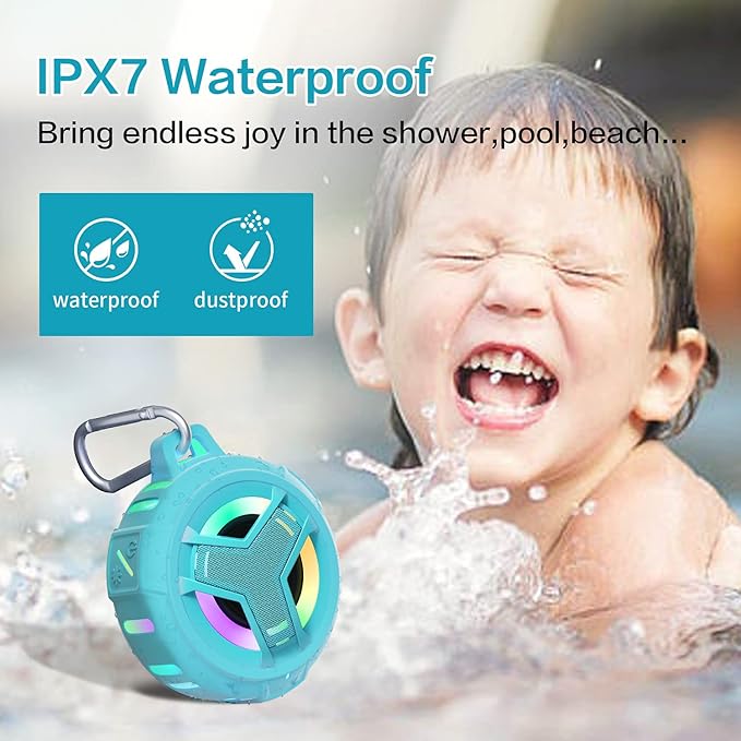 EBODA Waterproof Bluetooth Shower Speaker, IPX7 Floating Portable Wireless Small Speakers, 24H Playtime with RGB Light for Kayak, Beach, Pool Accessories, Gifts for unisex -Sky Blue