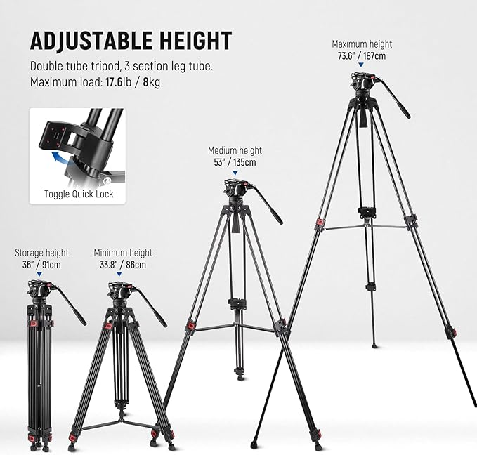 NEEWER 74" Video Tripod with Fluid Head, QR Plate , Aluminum Heavy Duty Camera Tripod Professional for DSLR Cameras Camcorders, Max Load 17.6lb/8kg, TP74