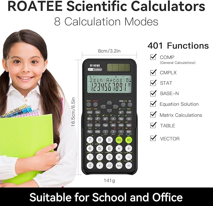 Scientific Calculator School Supplies, ROATEE 991MS 401 Functions 2-Line Display Desktop Calculator with Sliding Cover, Solar Battery Dual Power Kawaii for Middle High School Student and Teacher Black