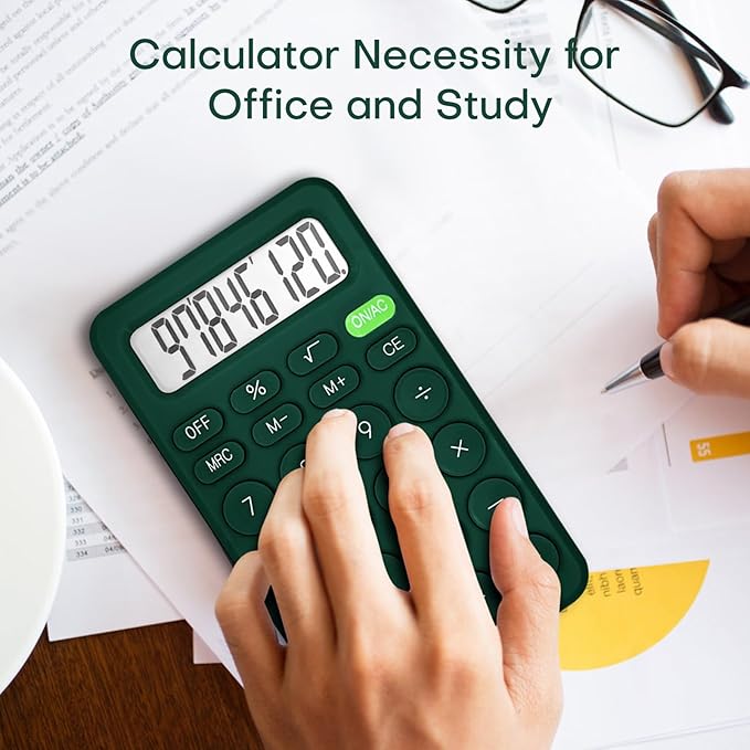 Cute Basic Four Function Calculator for Teachers & Students - Small Handheld, 8 Digit LCD Display, Sensitive Buttons, 5.5 x 3.2 inches, Deep Green