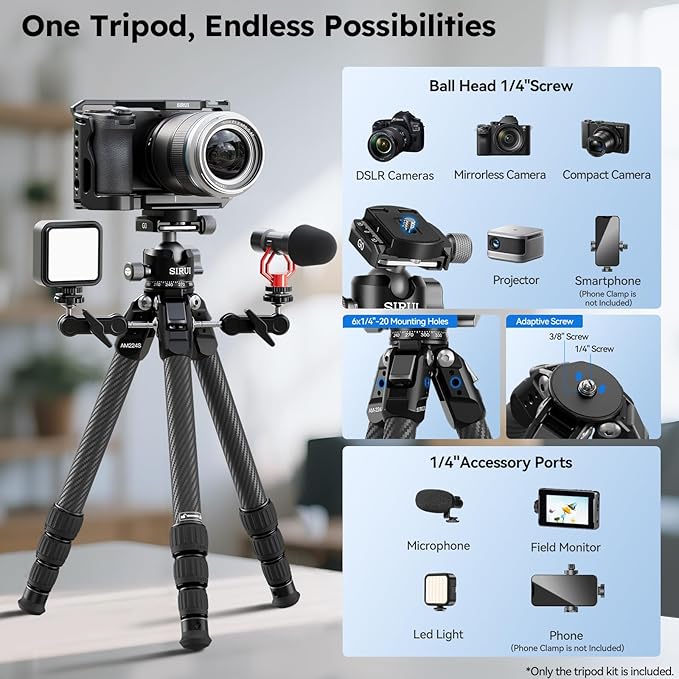 SIRUI 31.5" Compact Carbon Fiber Small Desktop Tripod with Low Profile Ball Head, Portable Lightweight Backpack Camera Tripod with Spikes for Travel Vlogging Tabletop, Macro Photography, AM-224S+G0