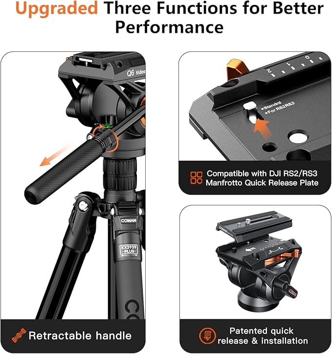 COMAN Fluid Head Tripod for DSLR Camcorder,Camera Monopod Tripod 360° Pan&+90°/-70° Tilt,New Q6 Fluid Head Aluminum Alloy QR Plate Compatible with DJI RS Gimbal Manfrotto Max Load 17.6lb