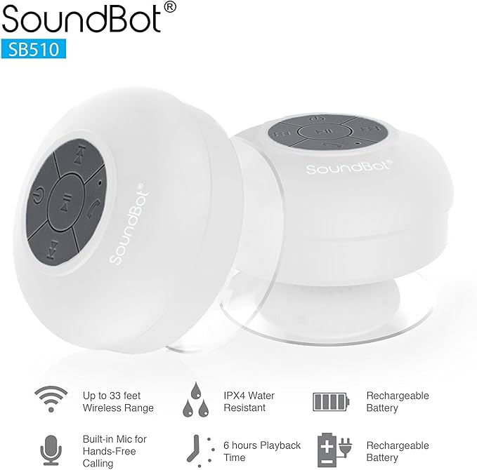 SoundBot® SB510 HD Water Resistant Bluetooth 4.0 Shower Speaker, Handsfree Portable Speakerphone with Built-in Mic, 6hrs of Playtime, Control Buttons and Dedicated Suction Cup for Showers (White)