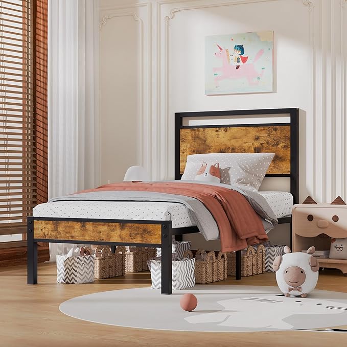 Z-hom Upgraded Twin Bed Frames, Heavy Duty Metal Sturdy Bed Frame Twin Size with Modern Wood Headboard & Footboard, Stable Platform Bed Furniture Bed Storage, No Noise, No Box Springs, Vintage Brown