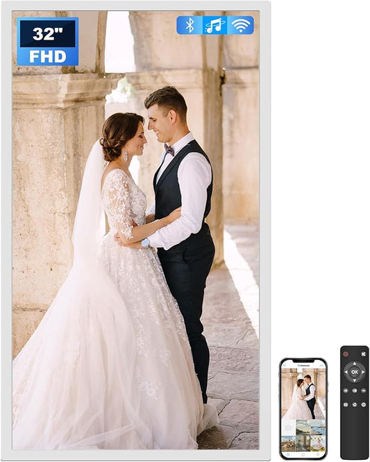 Extra Large Digital Picture Frame 32 inch, 1920x1080 FHD IPS WiFi Digital Photo Frame with Remote, 64GB Storage, Auto-Rotate, Instantly Share Photo/Video via Apps/Email, USB/Mirco SD, White