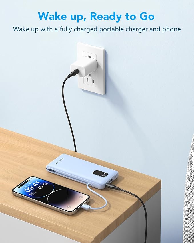charmast Portable Charger with Built-in Cables & Wall Plug, 10000mAh Portable Power Bank, External Battery Pack Travel Essentials Compatible with iPhone 16/15/14/13, Samsung, iPad etc