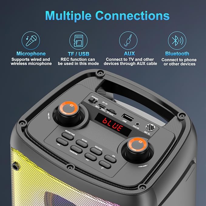Portable Party Speaker, 80W Peak Wireless Bluetooth Speaker, PA System with LED Lights, Outdoor Bluetooth Speakers Supports for TF Card/USB, AUX in, FM, REC,TWS