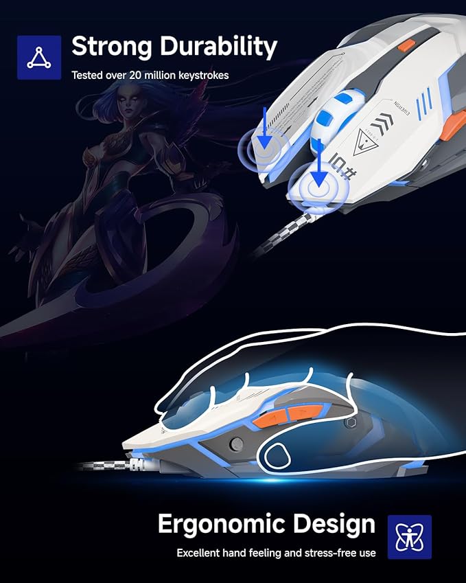 EWEADN G10 Wired Gaming Mouse, Computer Mouse with RGB Backlit, 3200 DPI Adjustable, Quiet Clicks, Ergonomic Mouses with 6 Buttons and 4.2FT Cord, USB Wired Mouse for PC/Win/Laptop, Gray-White