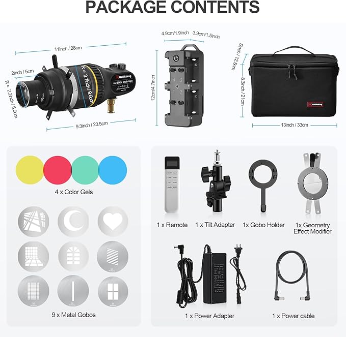 WELLMAKING Optical Snoot Conical Spotlight Attachment Kit, Adjustable Focus,with 80W Bi-Color COB LED Continuou Output Lighting, 9×Gobos, GOBO Holder and Geometry Effect Modifier for Studio and Video