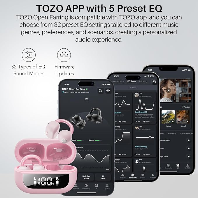 TOZO OpenEarRing True Open Ear Headphones, Lightweight Comfort Open Ear Clip Wireless Earbuds, 40H Play Bluetooth 5.4 Headphones with Smart Digital Display Design Fit Sports Running, Workout Rose Gold
