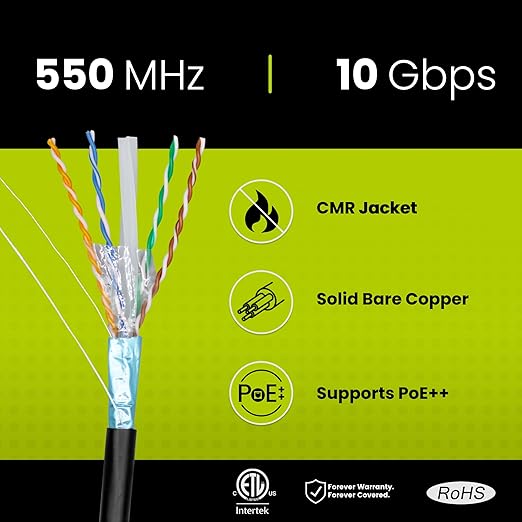 TRUE CABLE Cat6 Shielded Riser (CMR) Bulk Ethernet Cable, 1000ft, Black, 23AWG Solid Bare Copper, 550MHz, Overall Aluminum Foil Shield (F/UTP), PoE++ 100W, ETL Listed