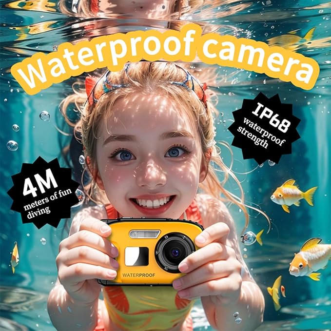 Underwater Camera with 64GB Card,48MP HD Bare-Body 11FT Waterproof Camera for Snorkeling Compact Floatable Digital Camera 2 Batteries and Tripod Come Together (Yellow)