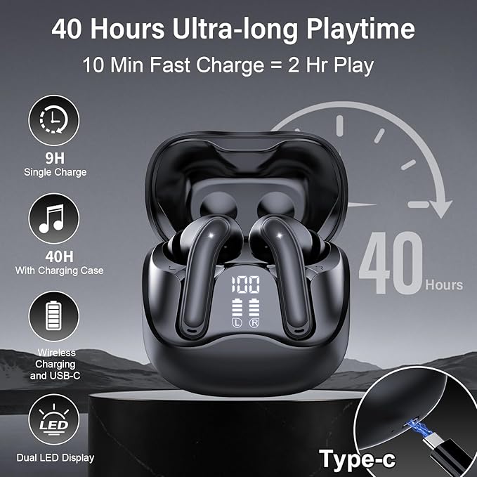 Adaptive Hybrid Active Noise Canceling Wireless Earbuds, 6 Mics ENC Clear Call Ear Buds, Hi-Res Audio Deep Bass Bluetooth 5.4 Headphones, 48H Playtime, Wireless Charging, Multipoint Connection, Black