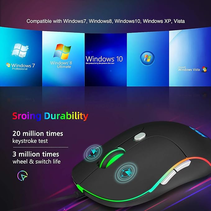 Wired Mouse, Mouse for Laptop with Easy Click for Office, Home, Gamer, 3200DPI, Programmable Buttons, USB LED Backlit Mice Wired Computer Mice Compatible with Laptop, PC, Desktop, Black