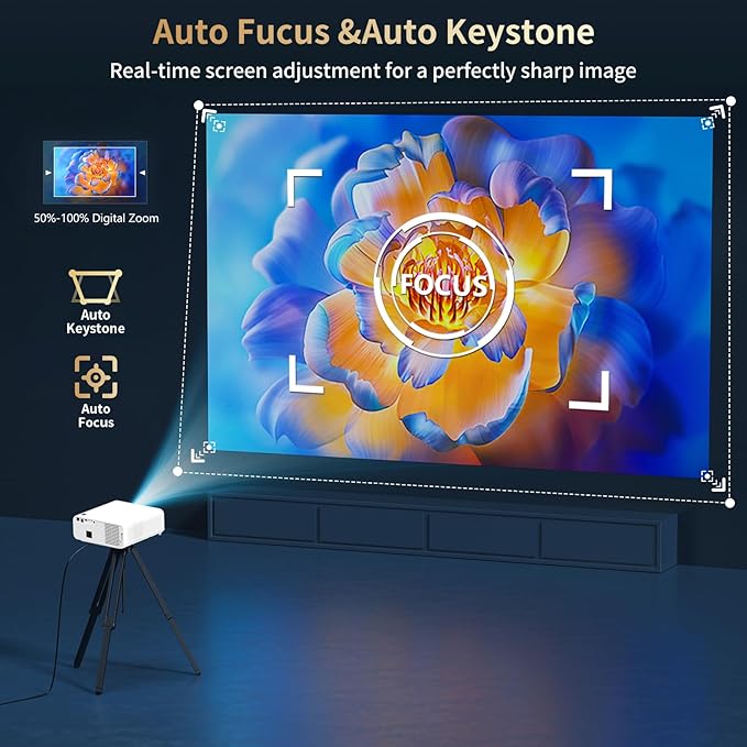 2000 Ansi Smart Outdoor Projector 4K with WIFI and Bluetooth,Auto Focus,ARC,DoIby Audio,PPT,Outdoor Movie Home Projector 4k HDR10+30W Speaker,500''Display,Compatible w/ TV Stick,iOS,Android,PC