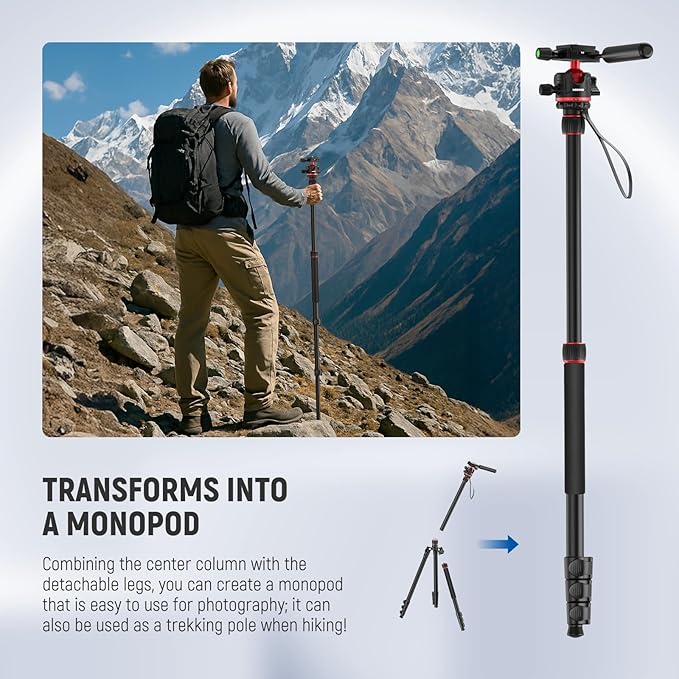 NEEWER Basics Camera Tripod Monopod, 77" Compact Lightweight Travel DSLR Video Stand, 360° Ball Head, Arca Type QR Plate, Reversible Legs & Inverted Central Axis, 13lb Max Load, TP08