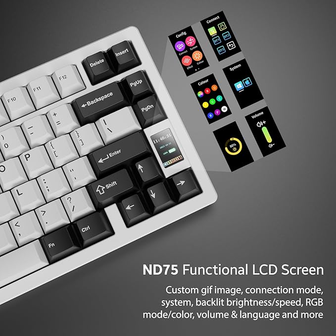 Chilkey ND75 Aluminum 75% Wireless Mechanical Gaming Keyboard with LCD Screen, Quick Assembly, BT/2.4G/USB-C, Hot Swappable Per-Key RGB Custom Keyboard for Windows, MacOS