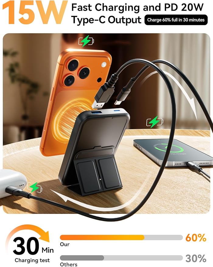 Magnetic Portable Charger, 10000mAh Wireless Power Bank with 20W USB-C Fast Charging, Foldable Stand & LED Display Magnetic Battery Pack, Compatible with iPhone 17/16/15/14/13 All Series