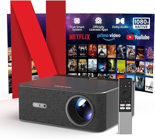 [800 ANSI, Official-NetfIix] Smart Projector, Auto Focus & Keystone, Native 1080P Projector with WiFi & Bluetooth, 40-300" Display, Dolby Audio, Home Theater Projectors for Bedroom Outdoor