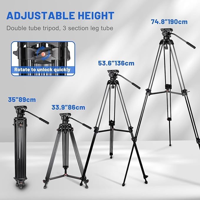 Video Tripod, COMAN 74" Professional Heavy Duty Camera Tripods with Quick Release Plate and 360° Fluid Head, Tall Travel Tripod Stand for DSLR, Camcorder, Aluminum Twin Tube Leg, Max Load:17.6lbs/8Kg