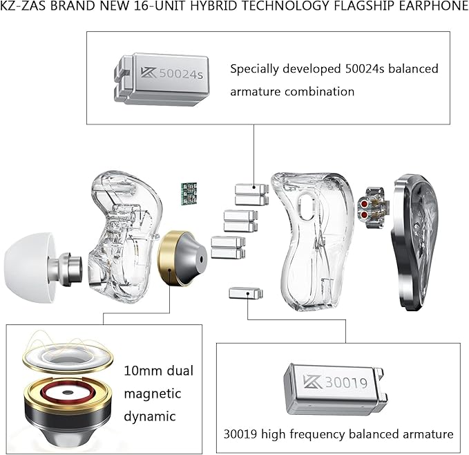 KZ ZAS 7BA+1DD in Ear Earphone 8 Unit Hybrid Technology Flagship Wired Earbuds Monitor Headphones 8Core Cable Music Sport Earphone (with Mic, White)