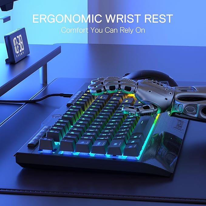 Redragon K525 RGB Backlit 104 Keys Wired Membrane Gaming Keyboard w/ 5 Multimedia Keys & 4 Extra On-Board Macro Keys, Dedicated Media Control, Ergonomic Wrist Rest, Linear Mechanical-Feel Switch