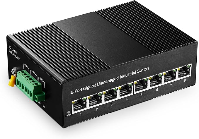 8 Port Gigabit Industrial Ethernet Switch, 8 Ports 10/100/1000Mbps, Fanless Wall Mount and Din Rail, Metal IP40 -40~75°C, with One Power Supply
