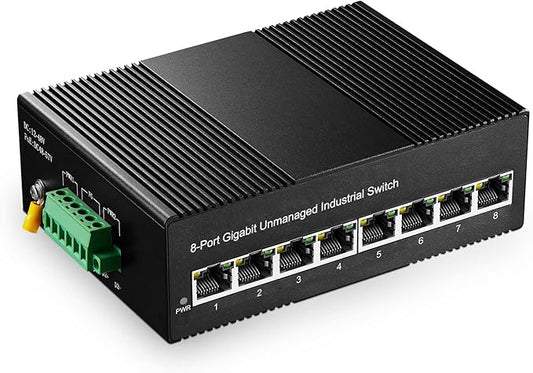 8 Port Gigabit Industrial Ethernet Switch, 8 Ports 10/100/1000Mbps, Fanless Wall Mount and Din Rail, Metal IP40 -40~75°C, with One Power Supply