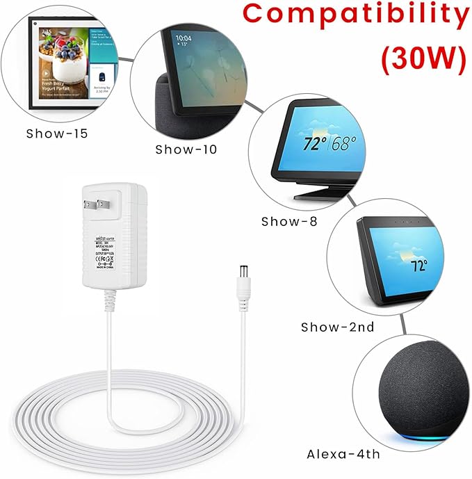 30W Power Cord Adapter Replacement for Echo Show 8 3rd Gen., Show 10 3rd Gen., Show 15, Show 21, Echo 3rd/4th Gen. - White Wall Charger Cable, 5ft