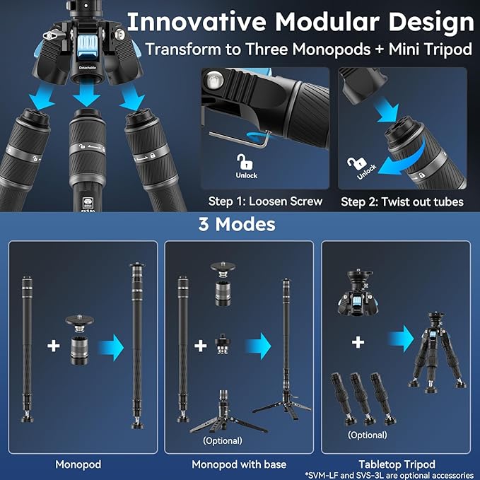 SIRUI SVS60 Carbon Fiber Travel Tripod, 64.6" Compact Camera Tripod, Rapid One-Step Height Adjustment, Modular Design Convertible to Monopod, Max Load 8kg/17.6lbs