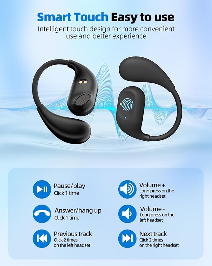 Open Ear Headphones, Wireless Earbuds with Microphone, Bluetooth 5.3 Headphones with Lightweight Design, 36H Playtime, Clear Calls, Touch Control Earphones for Cycling, Running, Workout, Black