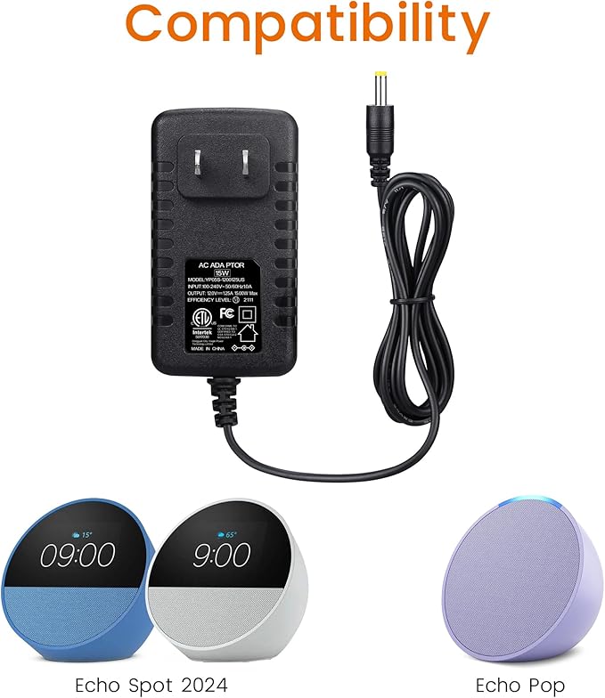 15W Power Cord Adapter for Echo Spot Smart Clock & Pop Smart Speaker - Black Wall Charger Plug Long Cable, 5ft